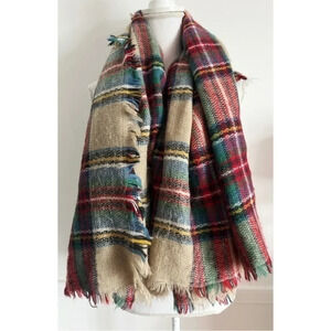 Unbranded Red Cream Green Multi Colored Plaid Blanket Scarf
